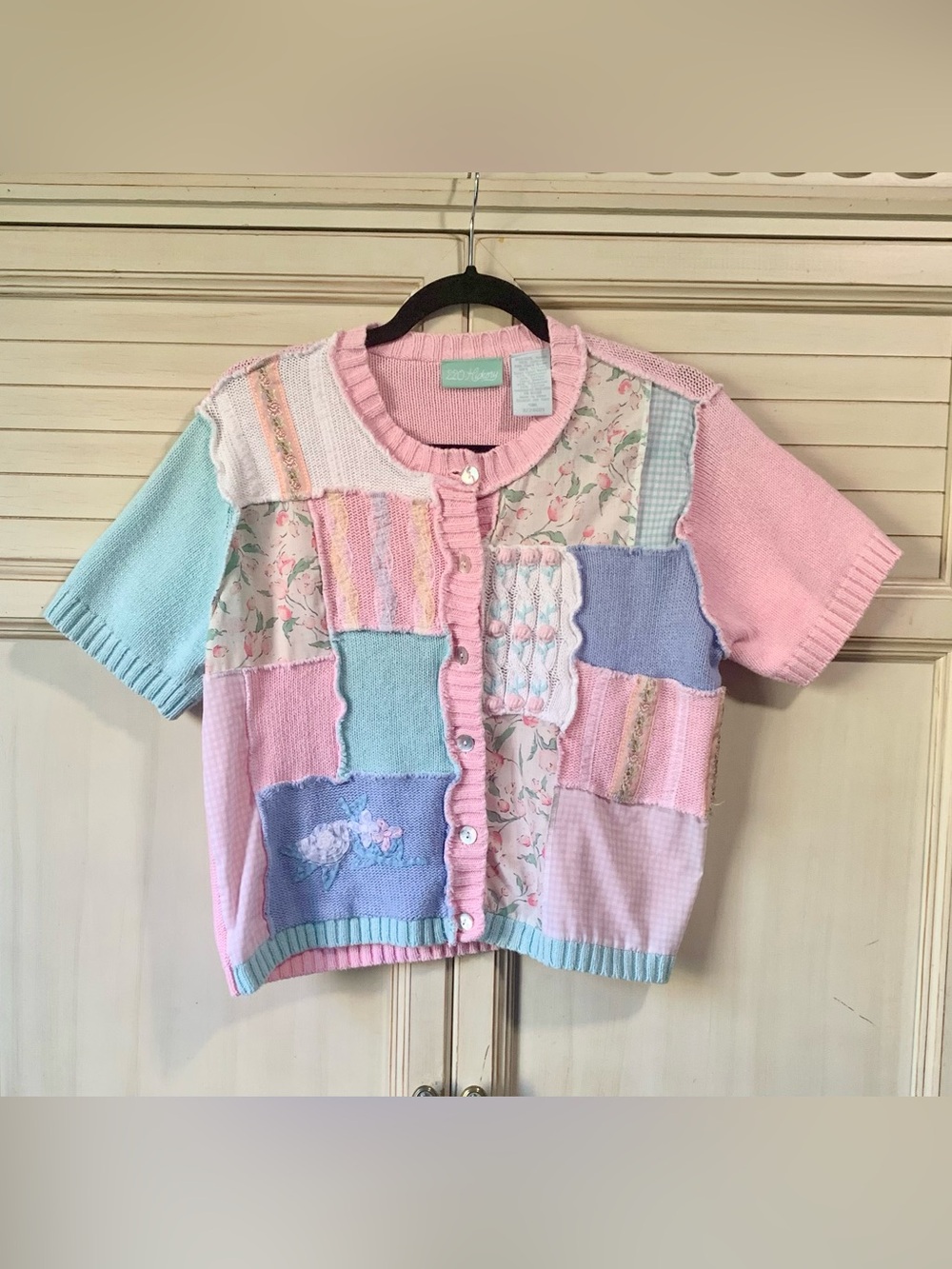 Pastel Patchwork Short-Sleeve Cardigan - Pink & Blue